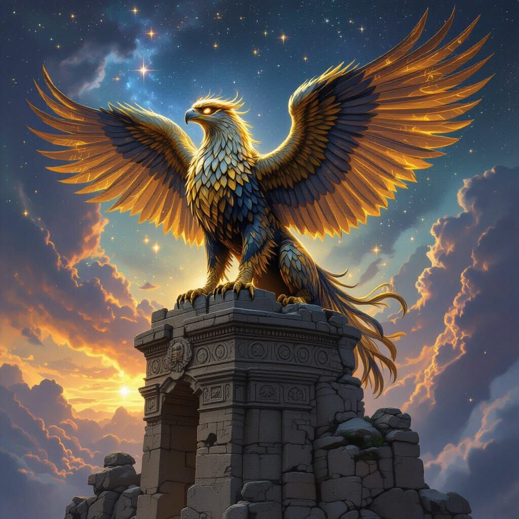 Golden Griffin Perched Atop Ancient Observatory