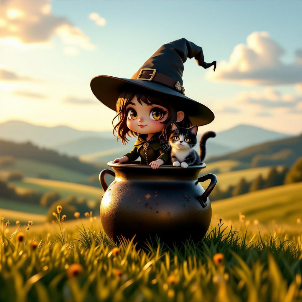 Chibi Witch and Cat Flying Over Landscape at Golden Hour