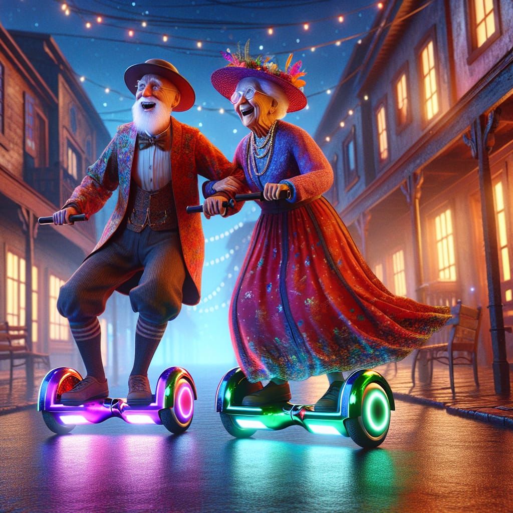 Elderly Couple's Whimsical Hoverboard Race at Night
