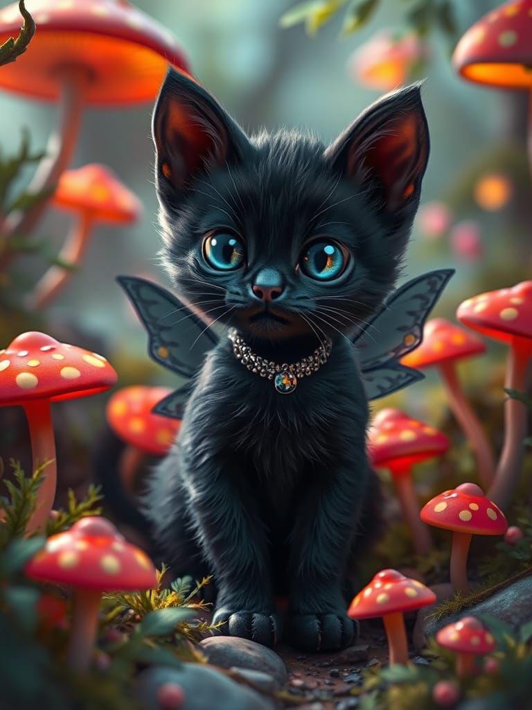 Winged Kitten in Magical Forest: Fantasy Concept Art