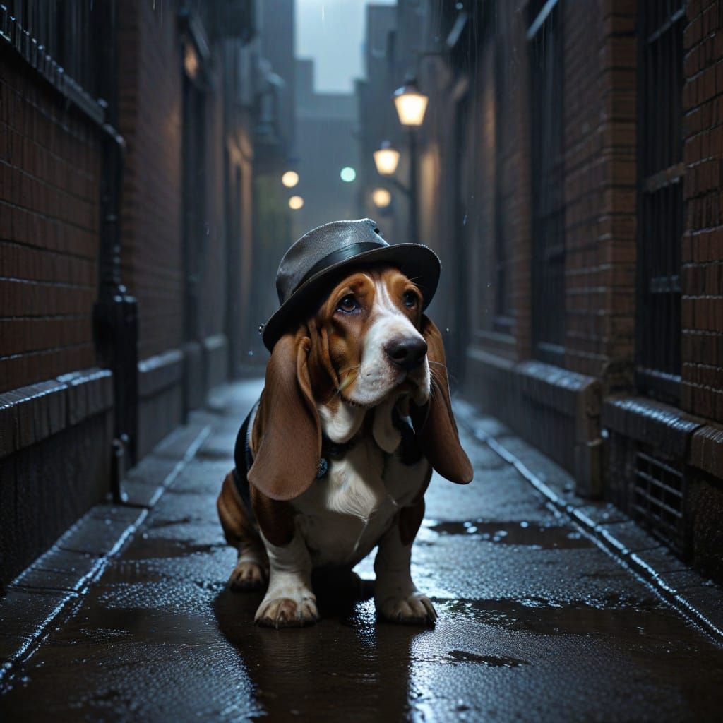 Basset Hound Detective in Neon-Lit Rainy Alleyway
