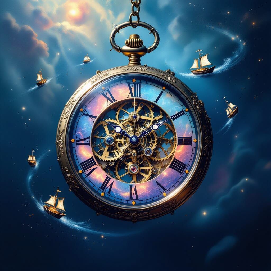 Cosmic Pocket Watch Navigated by Tiny Ships in Surreal Oil P...