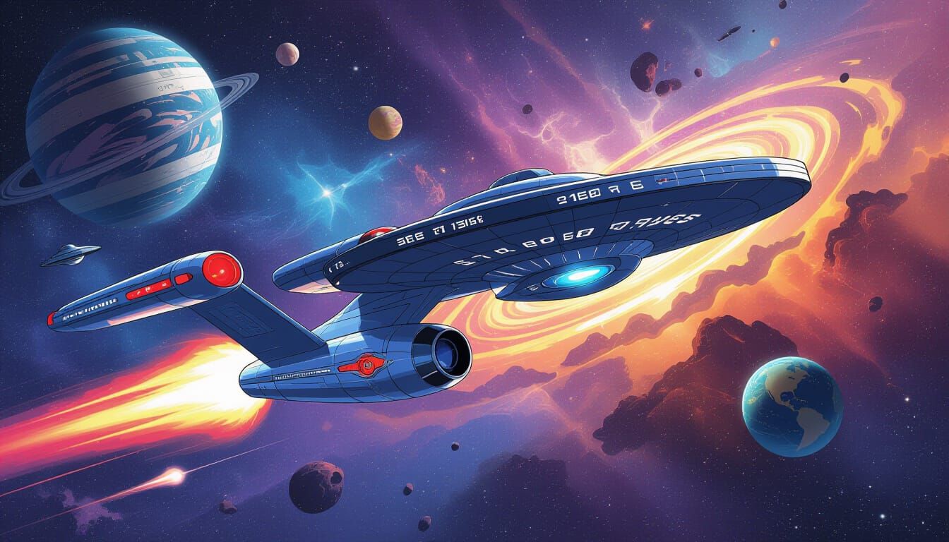 Starship Enterprise Soaring Through Vibrant Galaxies, Digita...