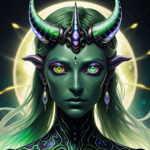 Surreal Alien Portrait with Iridescent Scales and Opal Eyes