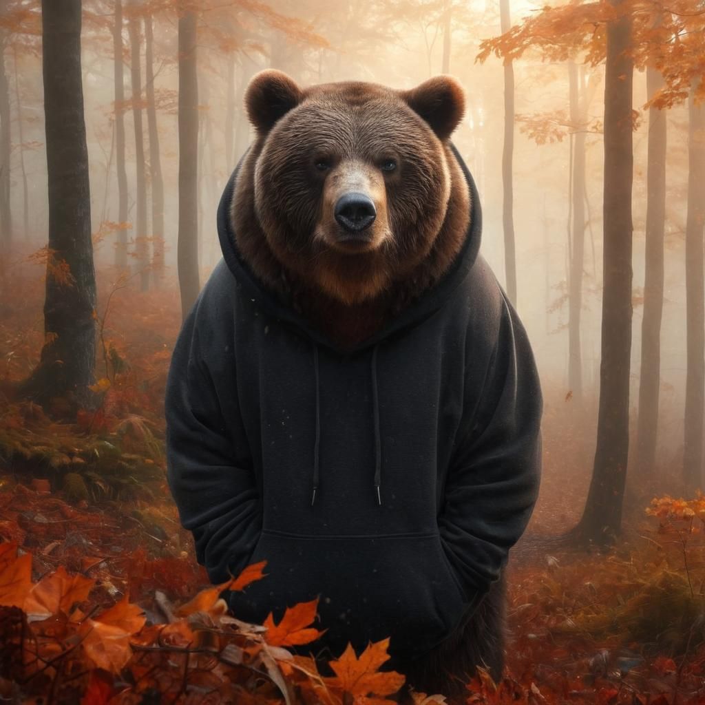 Cynical Kodiak Bear in Misty Autumn Woodland