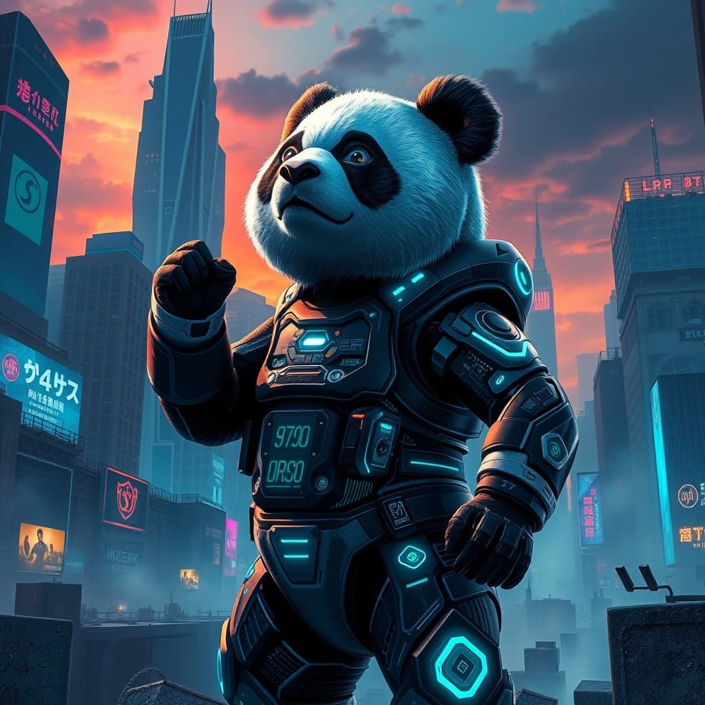 Cyberpunk Panda Cybermals in Futuristic City