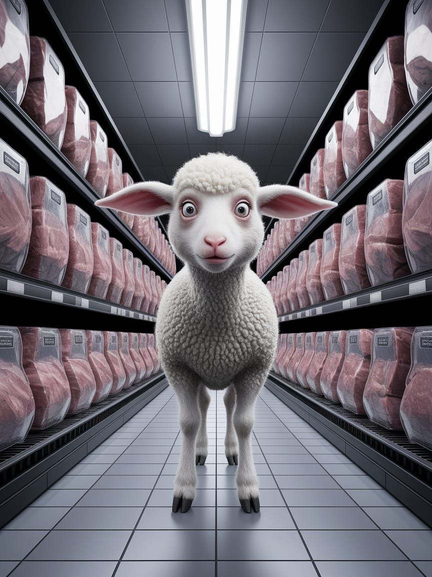 Nervous Lamb in Supermarket Meat Aisle