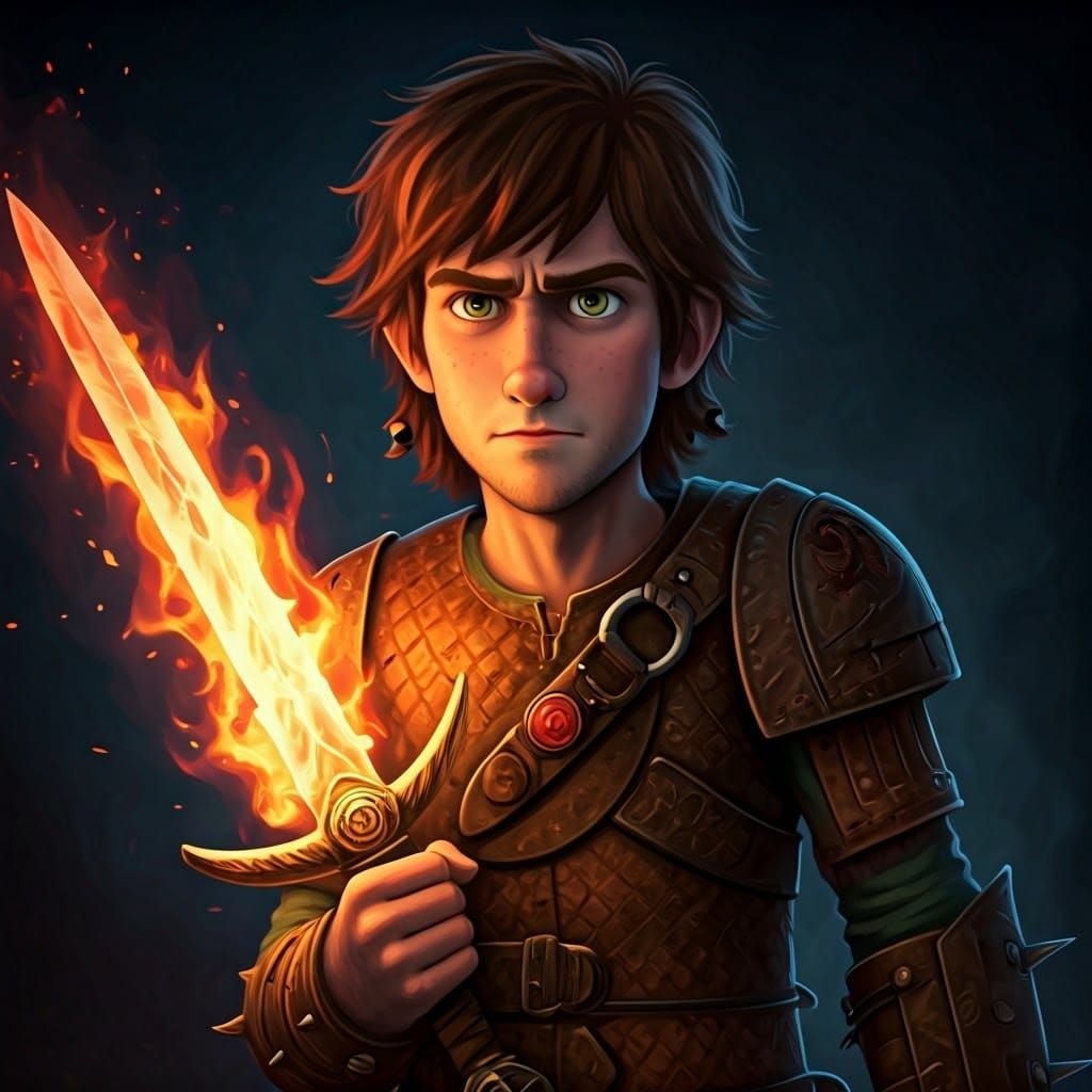 Young Hiccup Haddock with Fire Blade, Detailed Art