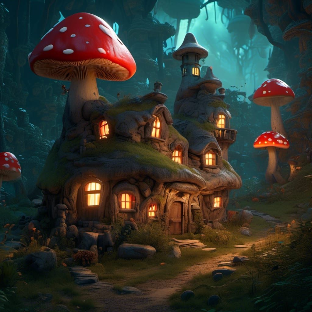 Mushroom Village at Night in Pixar Style