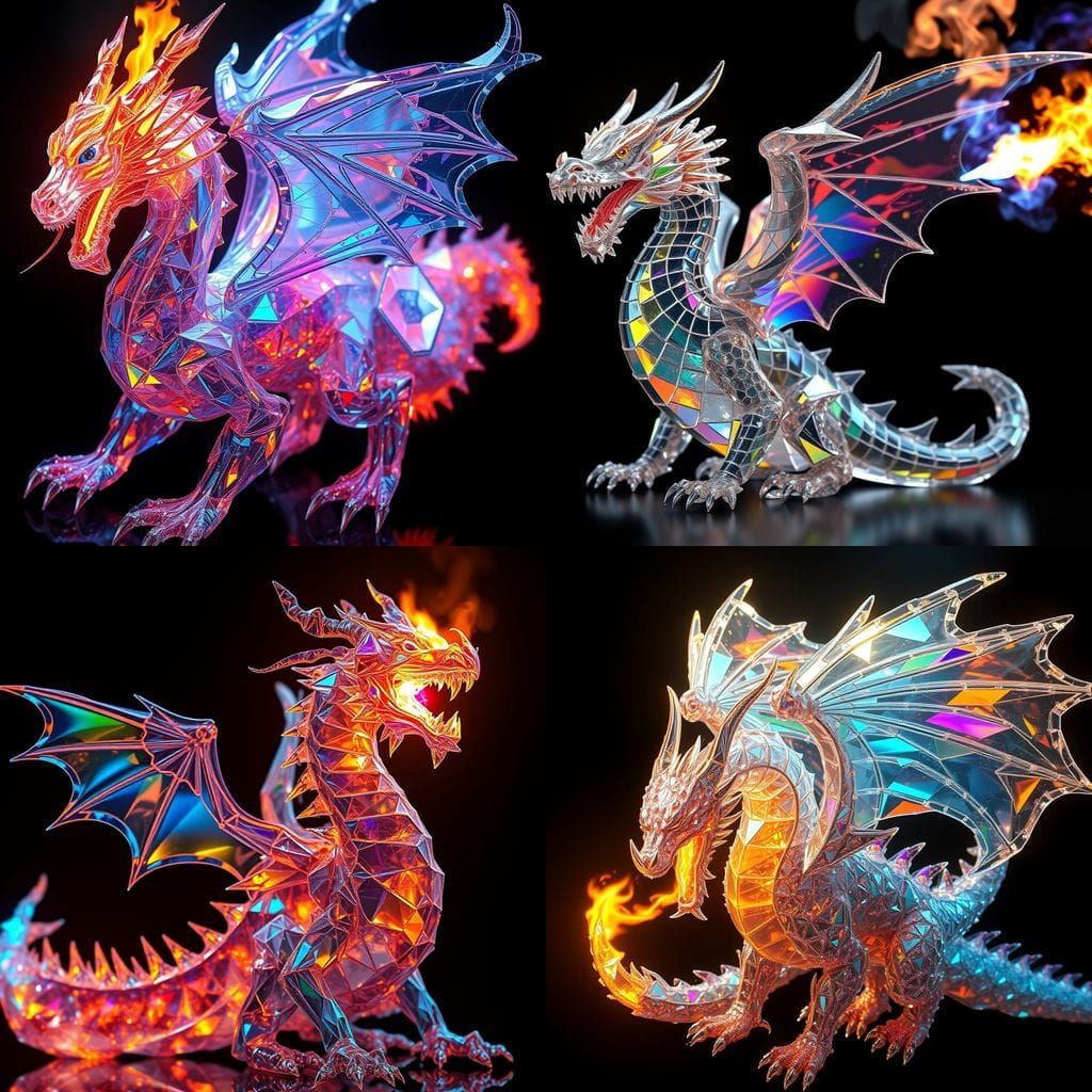 Majestic Glass Dragon with Rainbow Hues and Glowing Flames