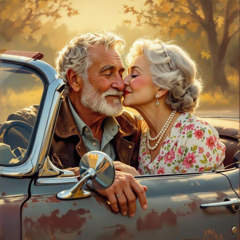 Golden Light: Elderly Couple in Vintage Convertible
