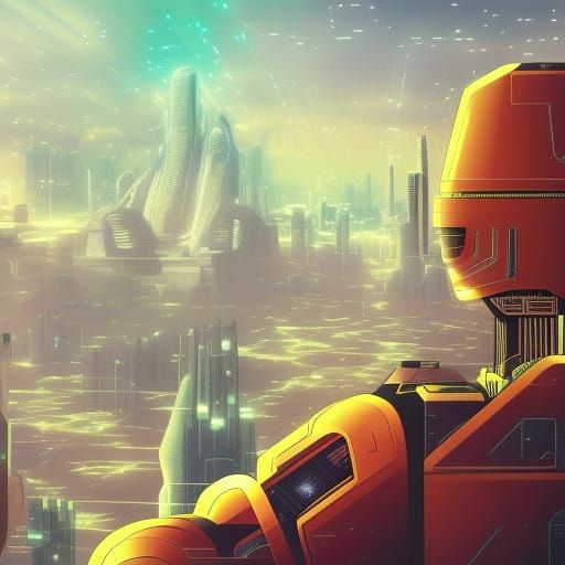 Giant Mech Overlooking Futuristic City, Astral Illustration