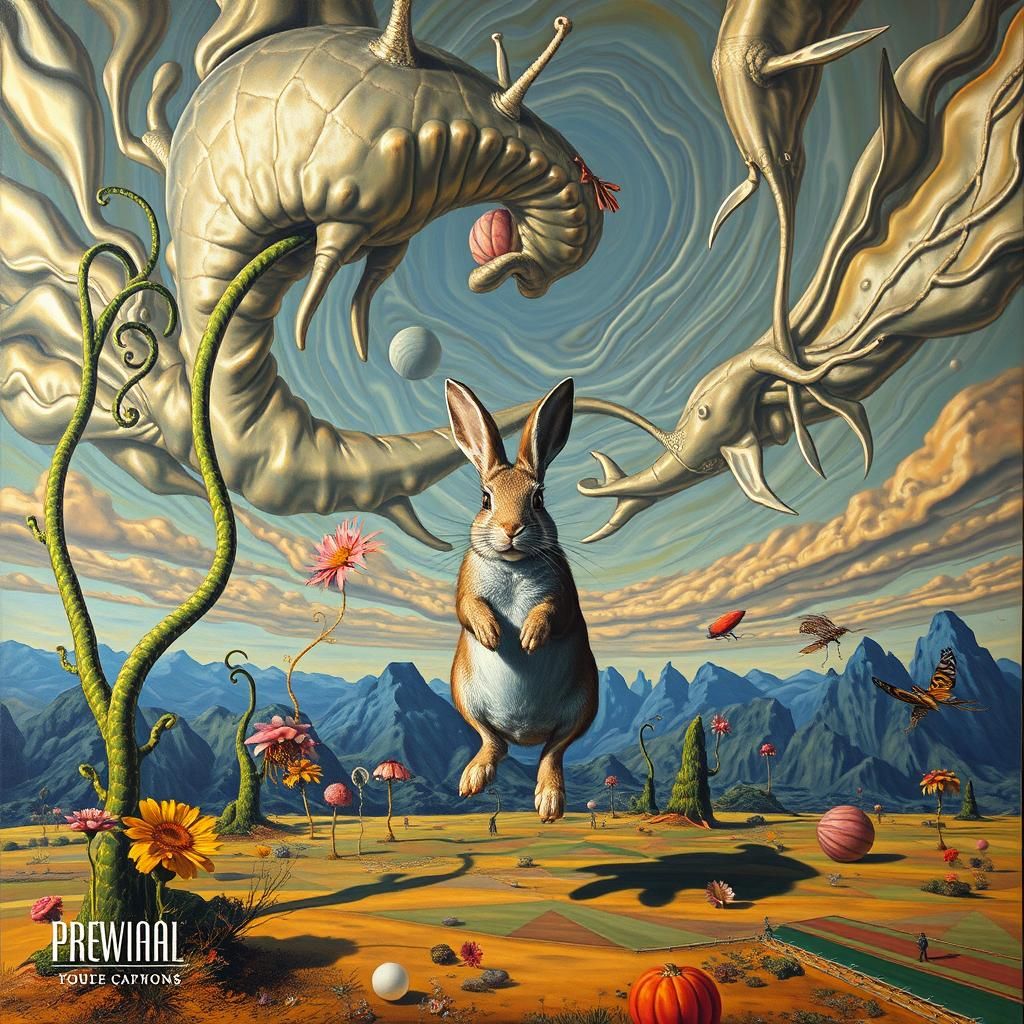 Surreal Rabbit Pulled into Vortex Landscape