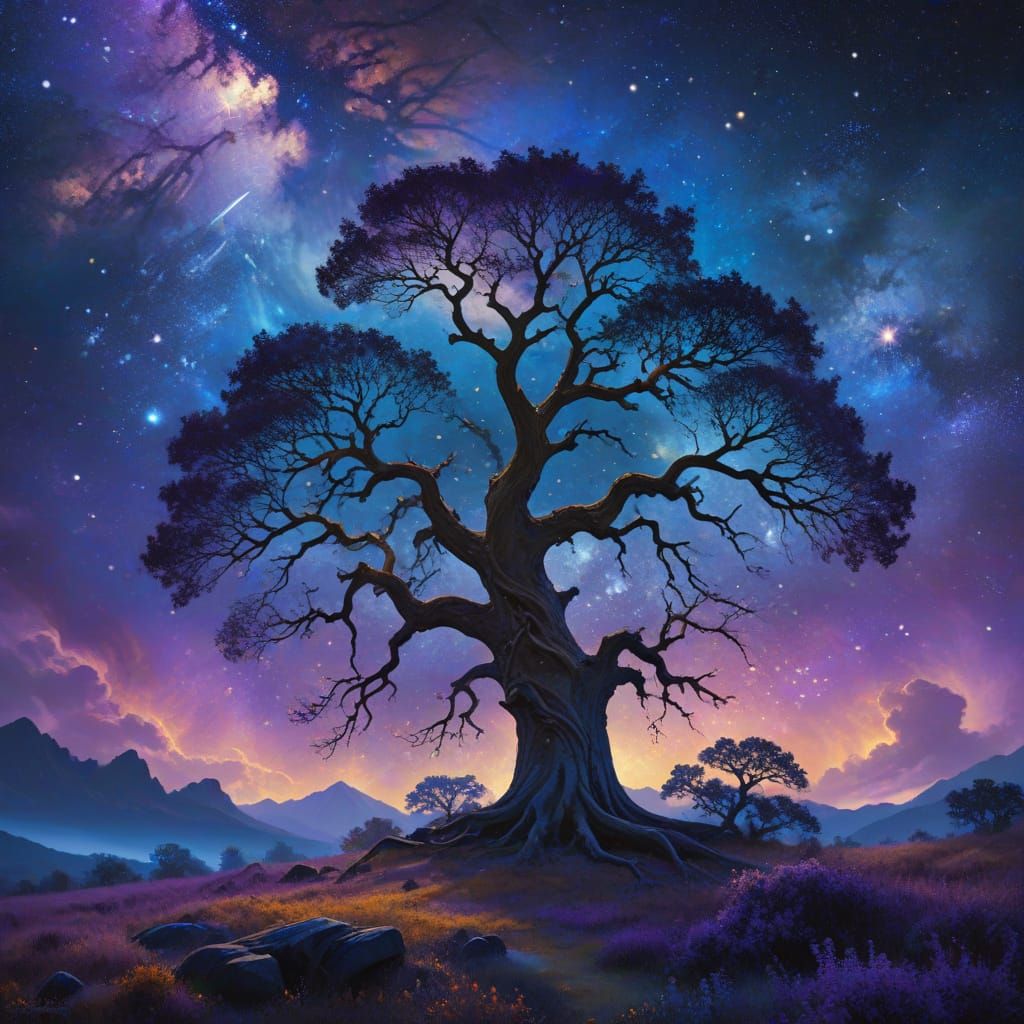 A constellation in the night sky that resembles a majestic oak tree, its branches reaching out to touch the stars. The t...