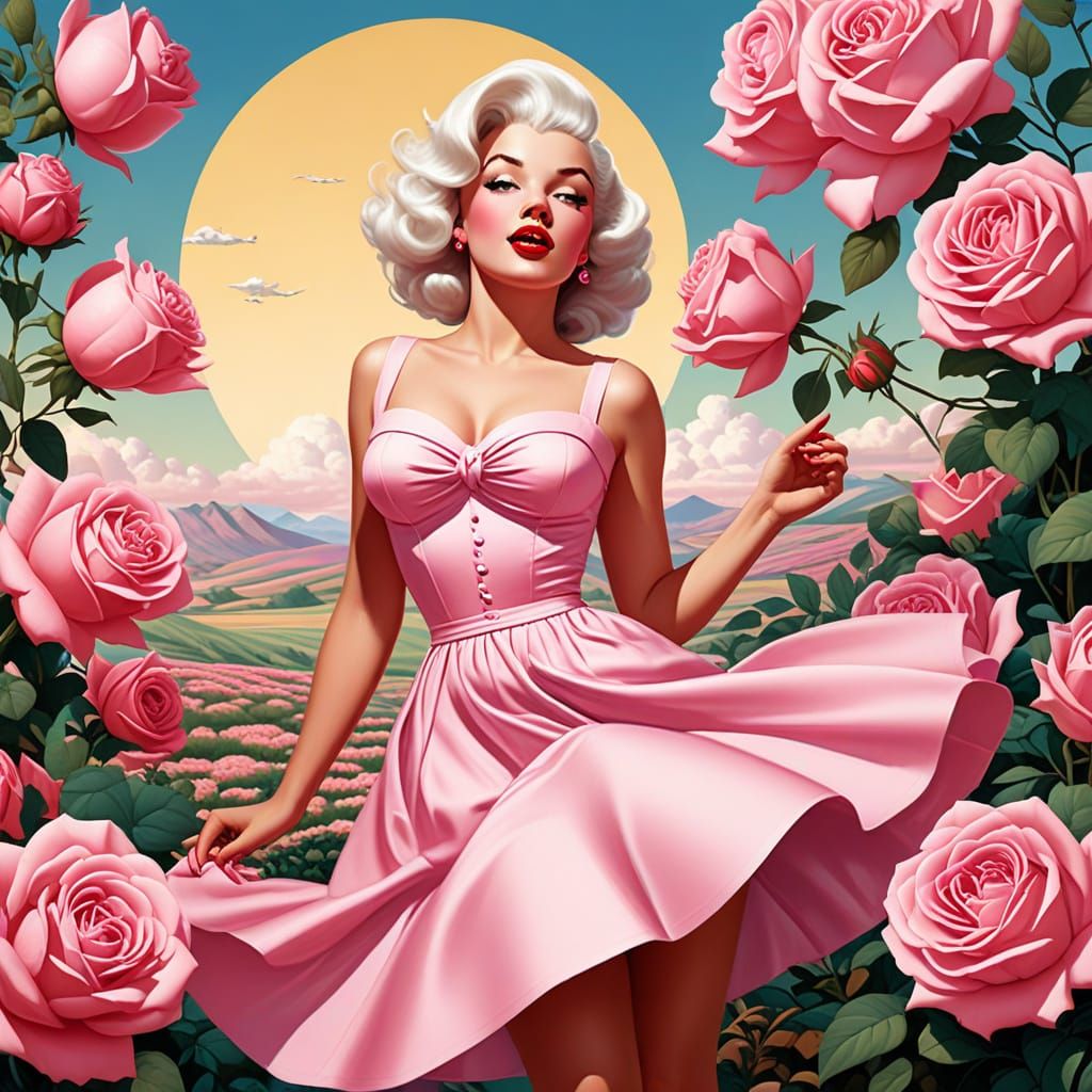 Retro Pin-Up Girl in Pink Dress with Roses