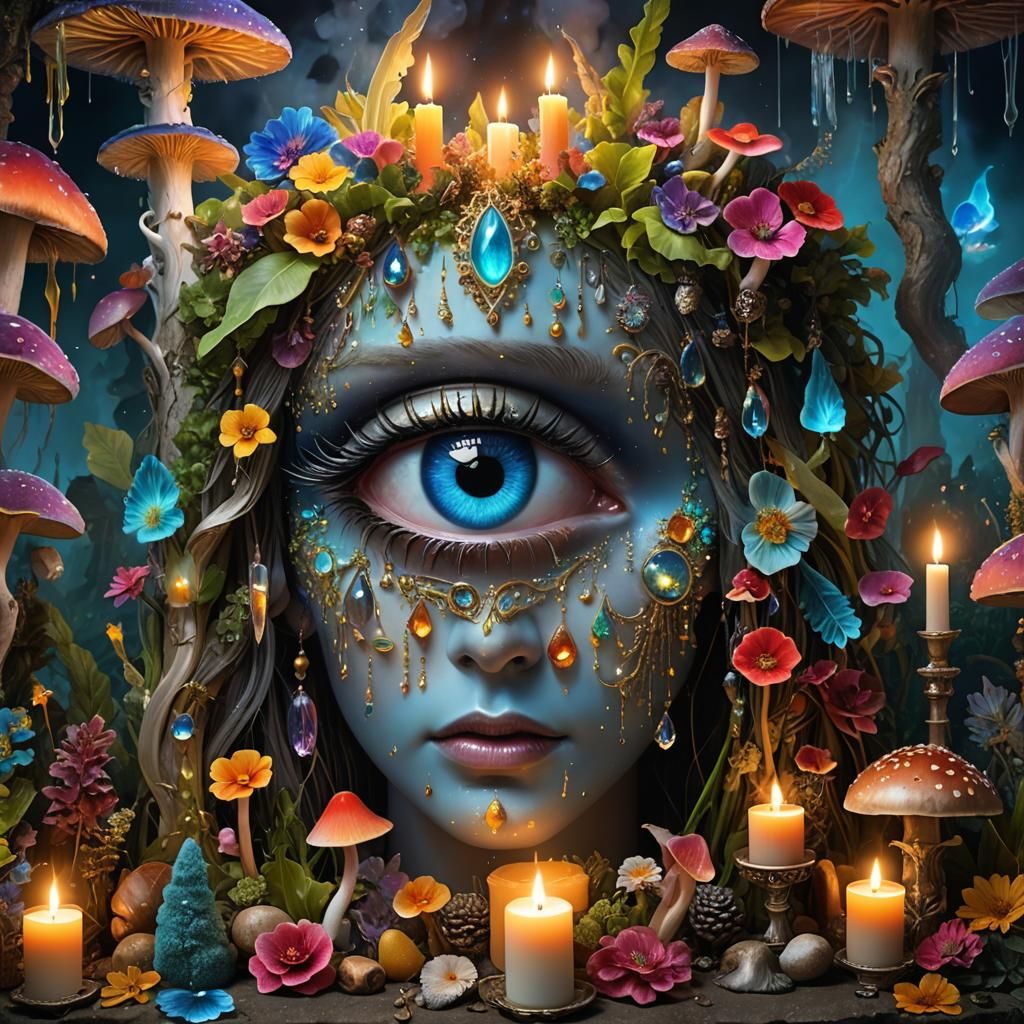 Bioluminescent Crystalline Eye in Fantasy Garden