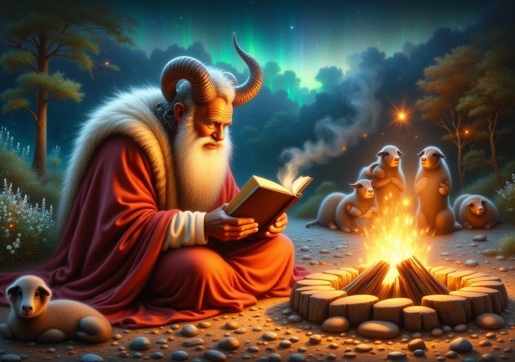 Campfire Tales: Shepherd and Grandchildren in Summer Night