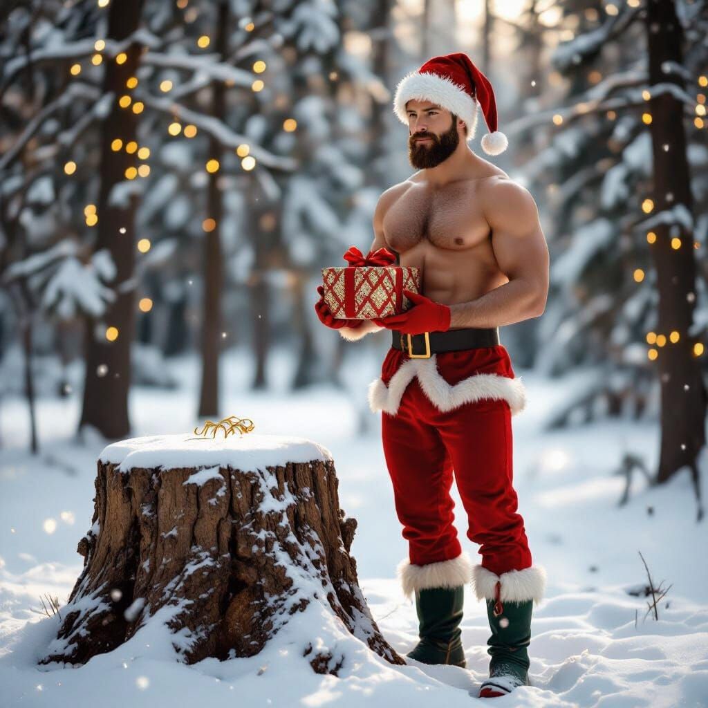 Handsome Elf Man Holds Gift in Snowy Forest