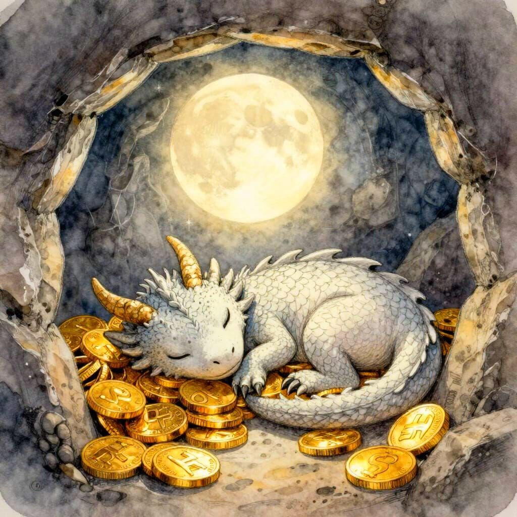 Adorable Dragon Rests in Moonlit Cave