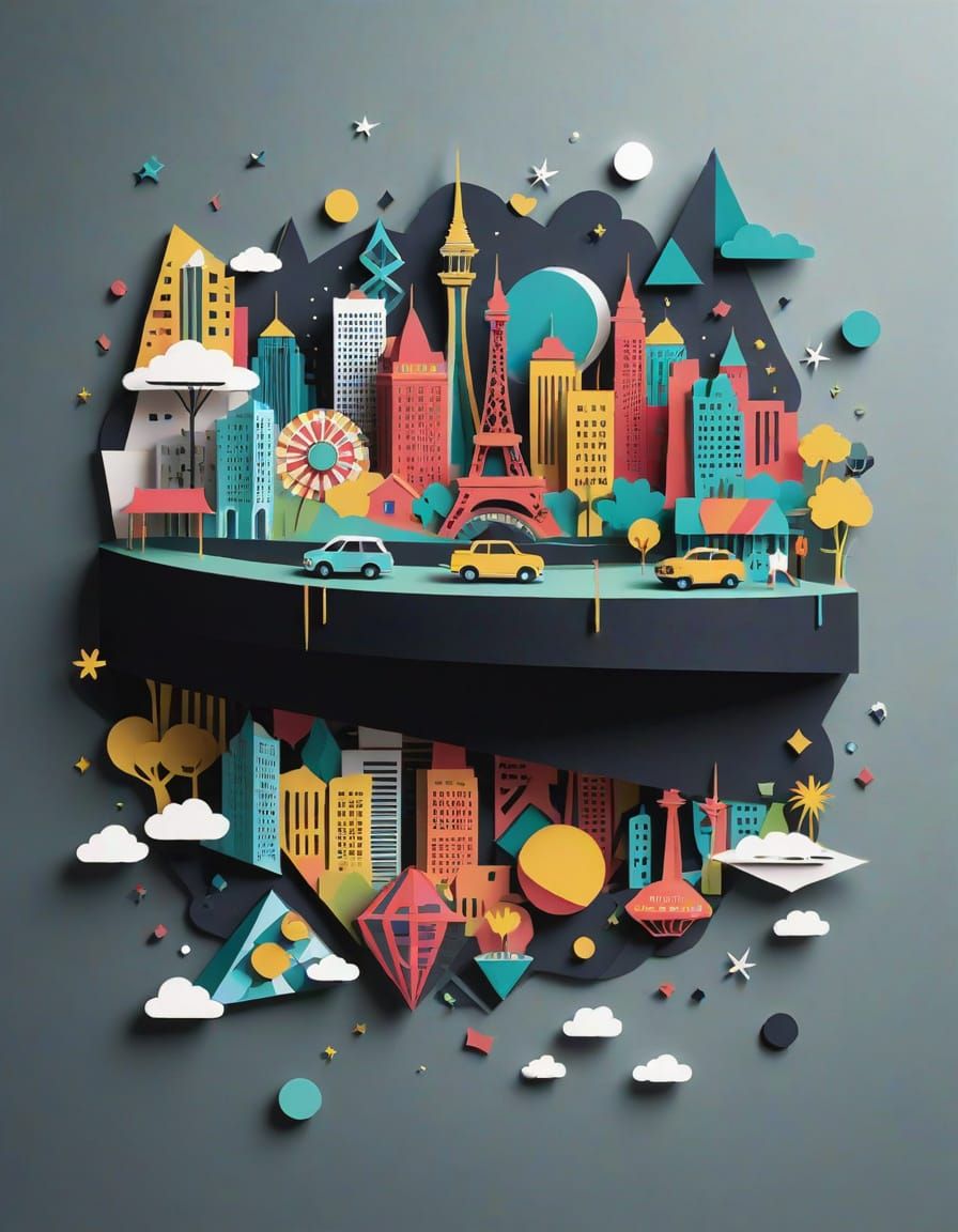 Whimsical Las Vegas Cityscape in Paper Cut Style
