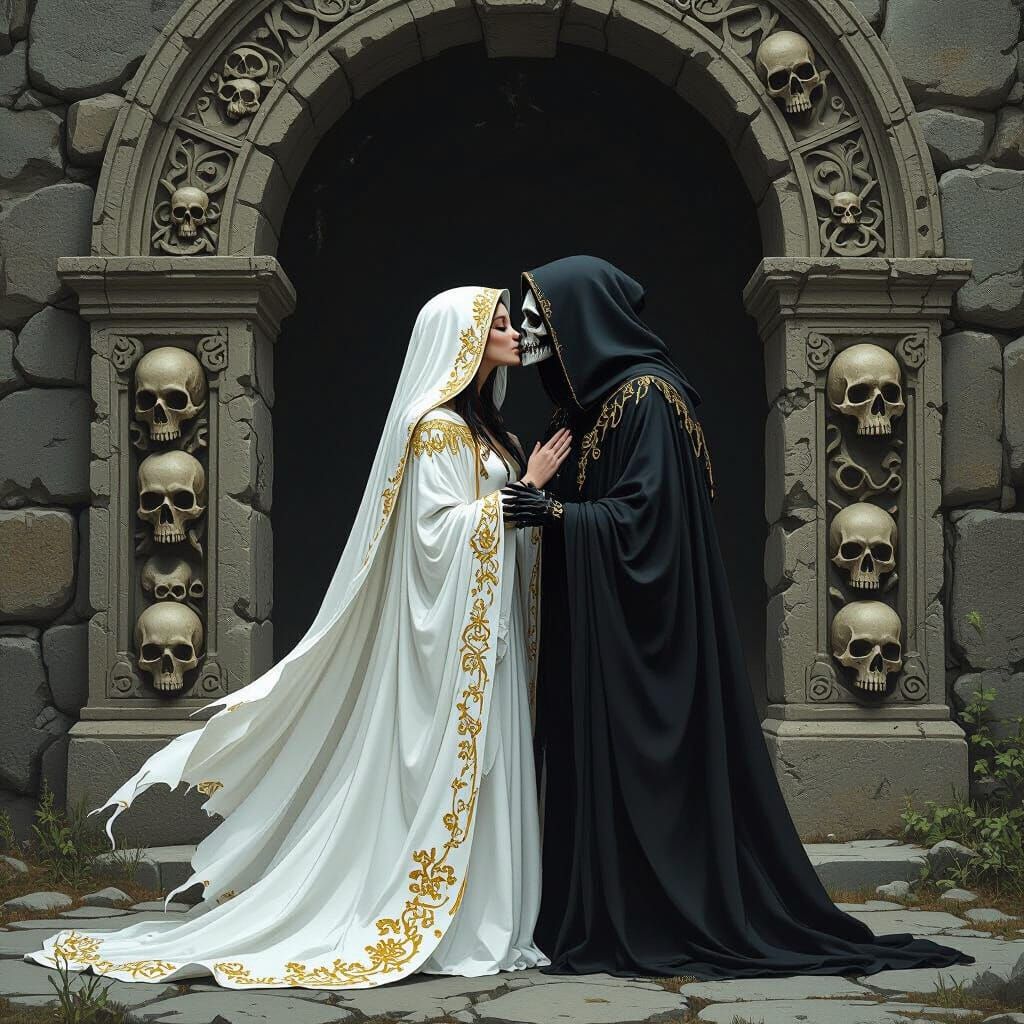 Reapers Kissing Before Skull Archway in Dramatic Lighting