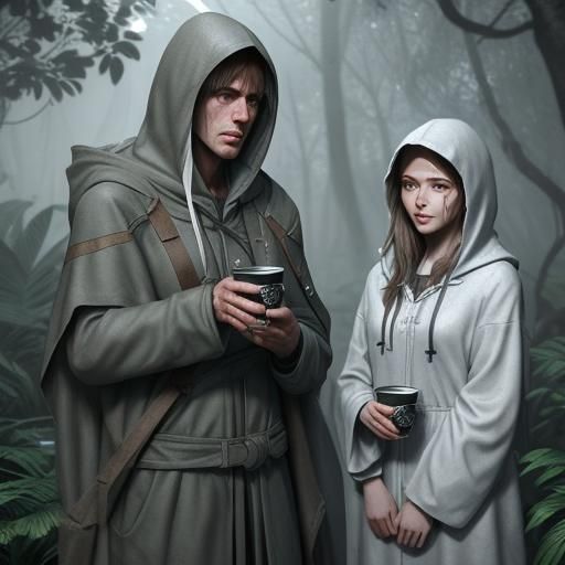 Hooded Figures Toasting in Rainy Jungle, 3D Render