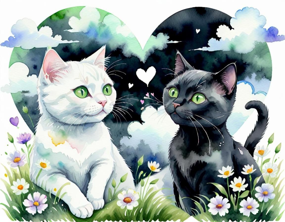 Watercolor Cats in Love Under Heart Cloud