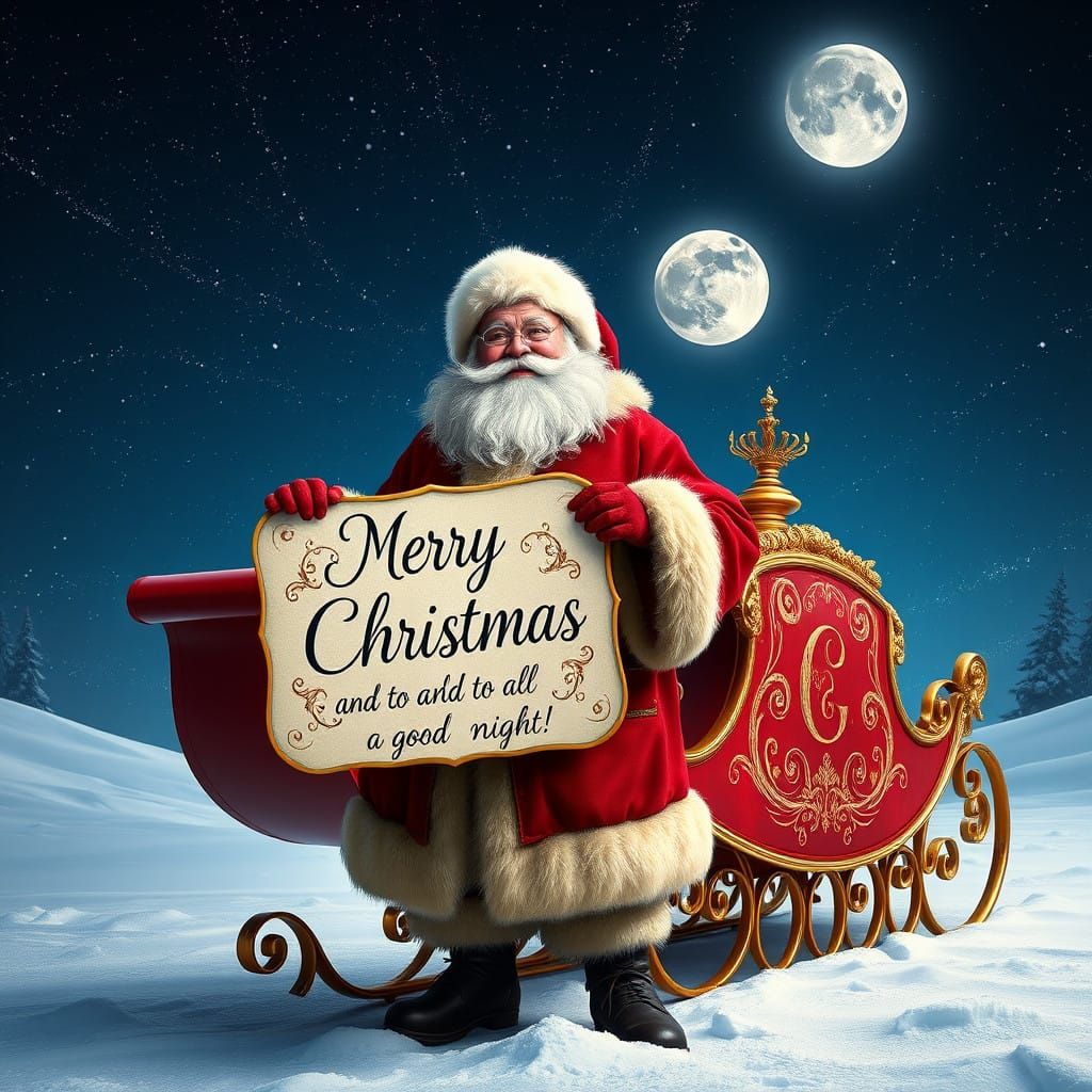 Santa Claus in Vibrant Crimson-Red Coat Stands by Majestic S...