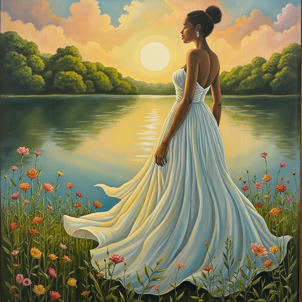 Ethereal Woman Adrift in Dreamy Lakeside Memoryscape