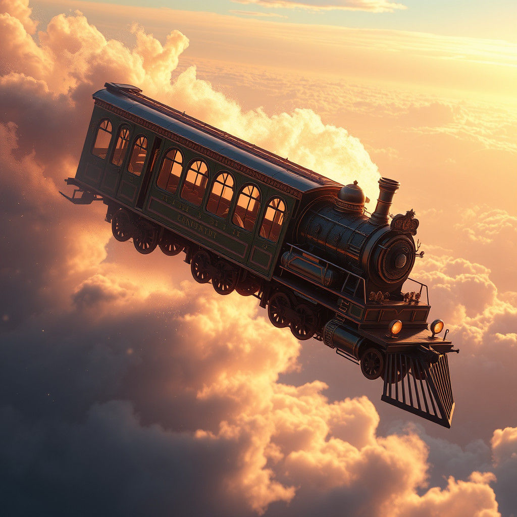 Ethereal Train Soaring Through Iridescent Sky