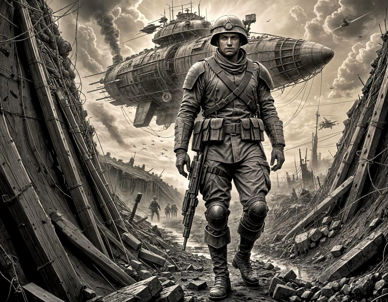 Futuristic Soldier in WWI Trench: Monochrome Pencil Sketch