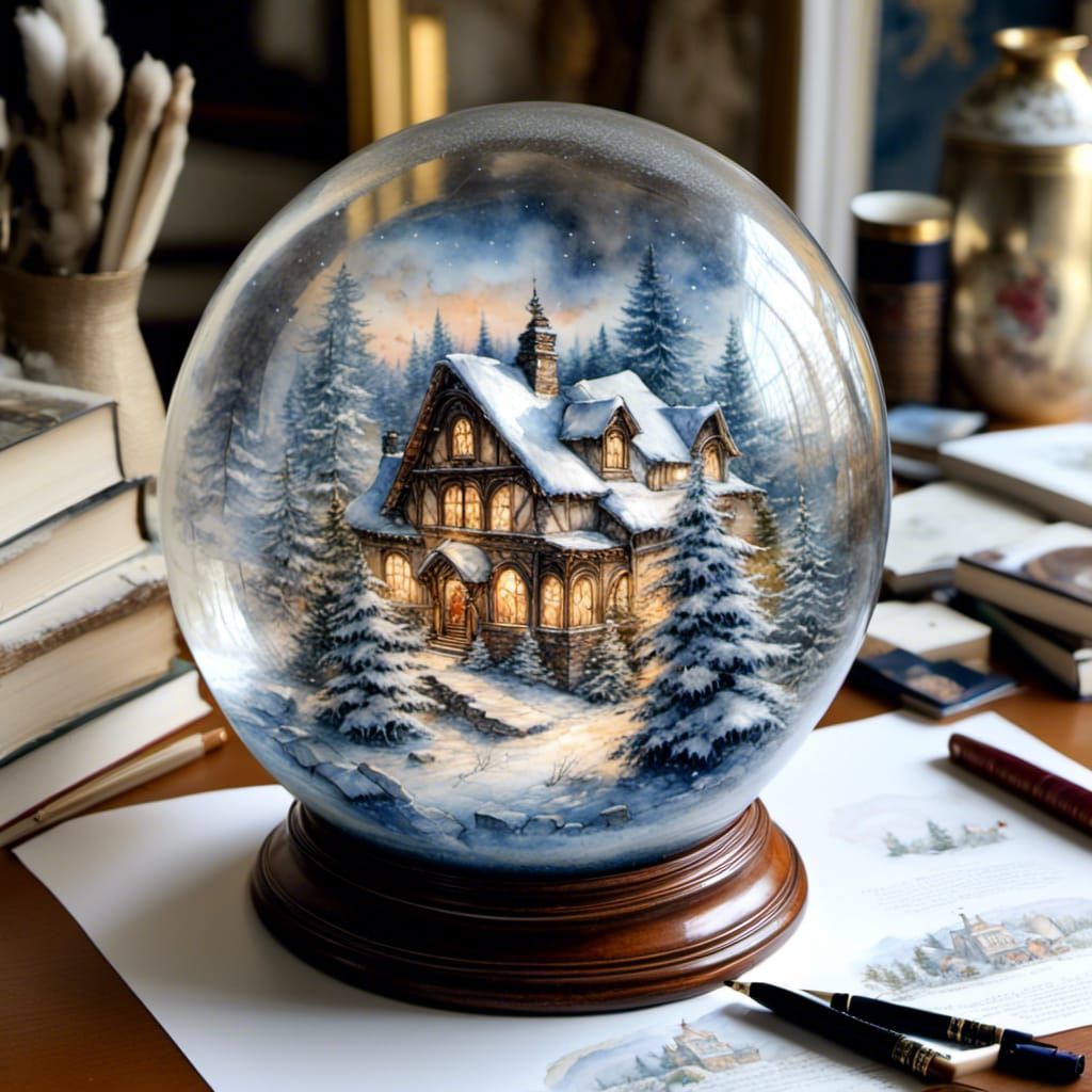 Watercolor Snow Globe with Cozy Winter House