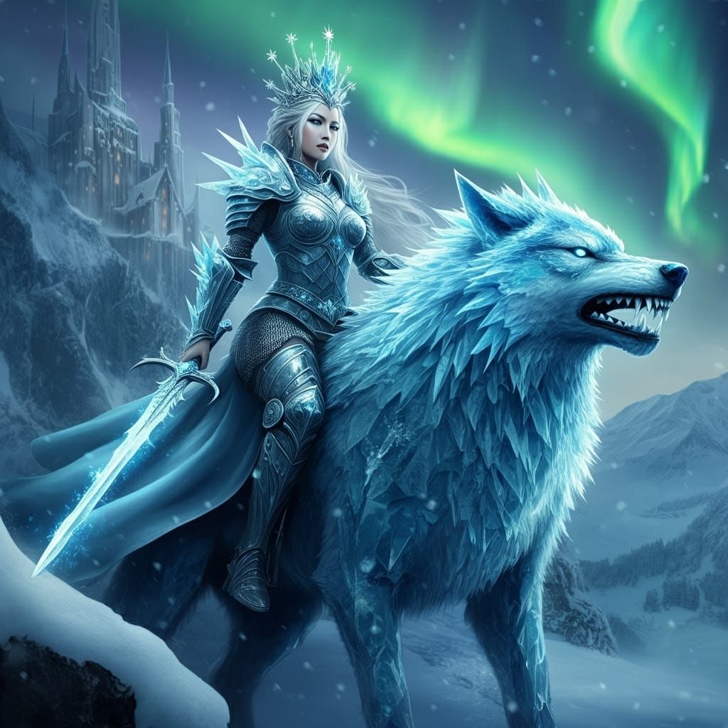 Ethereal Ice Sorceress Rides Colossal Crystal Wolf in Shimme...