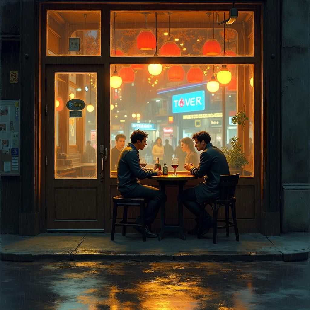 Rainy Night Bar Scene in Futuristic Style