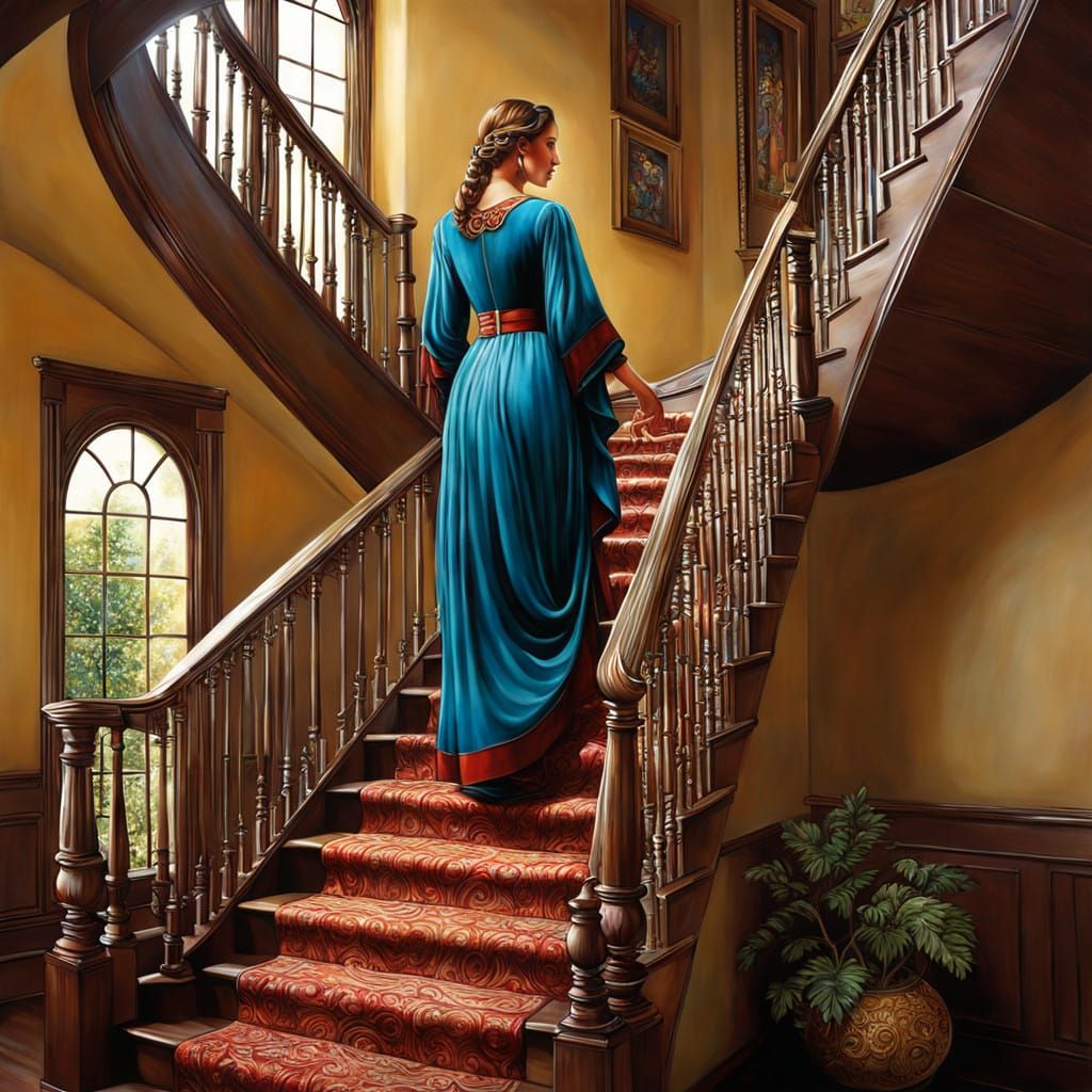 Woman Climbing Stairs in Vibrant, Dreamlike Scene