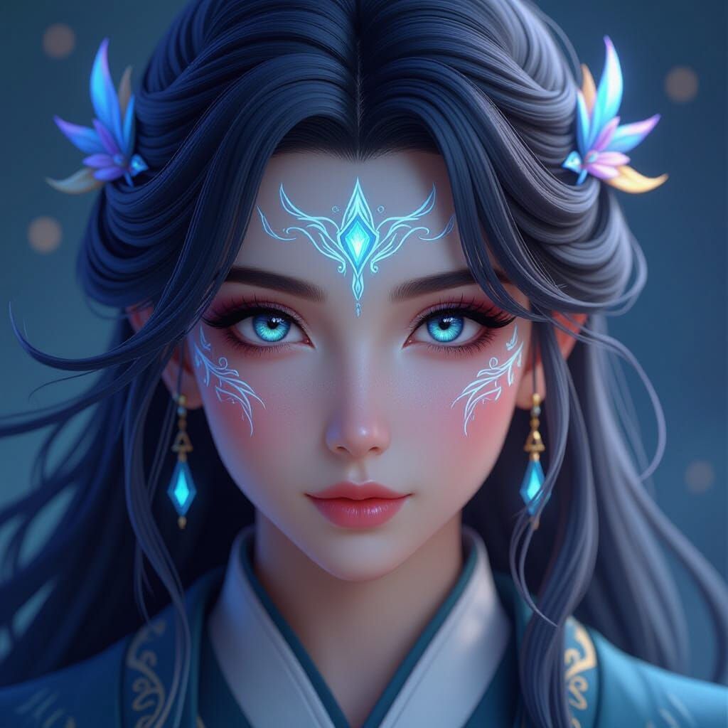 Mystical Female Wizard Portrait with Glowing Markings