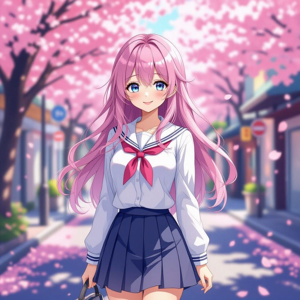 Anime Girl in Tokyo Cherry Blossom Street