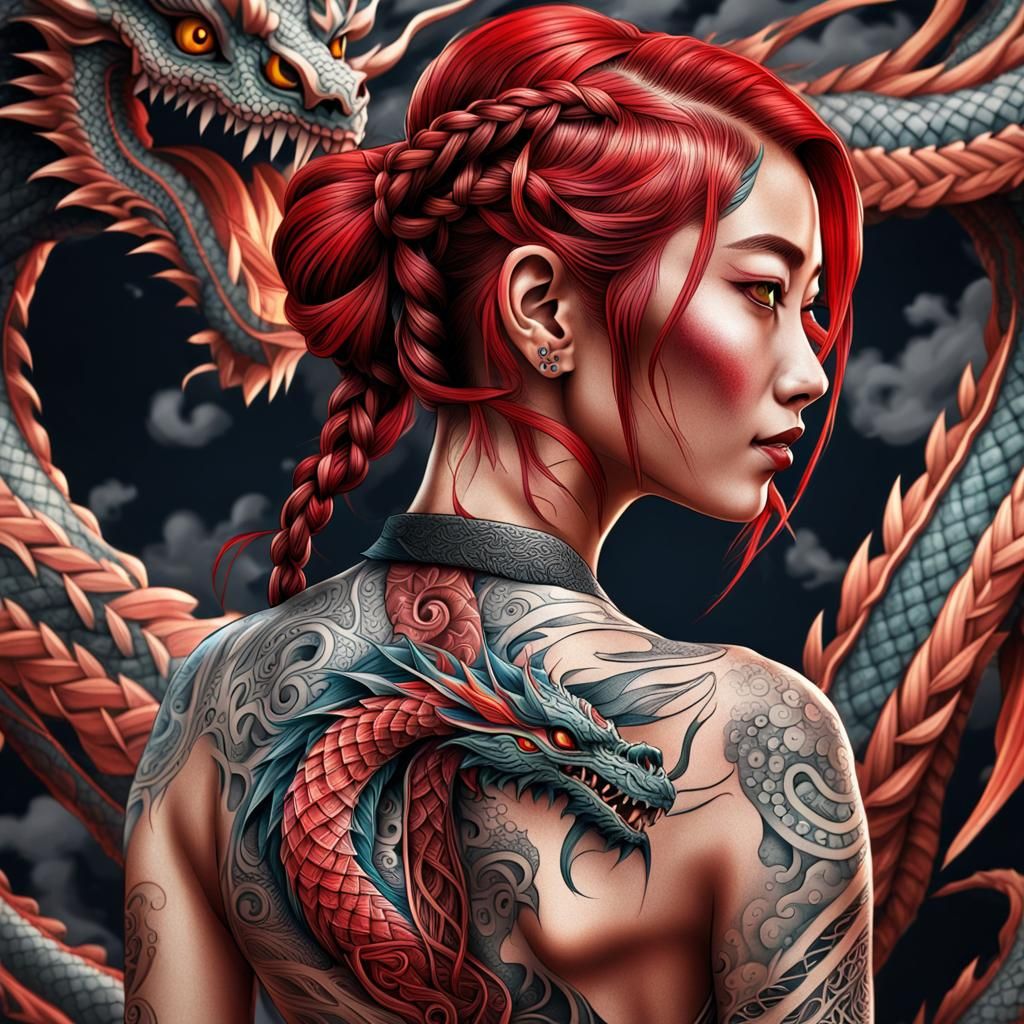 Dragon Tribal Tattoo on Girl's Back in Fine Line Ink
