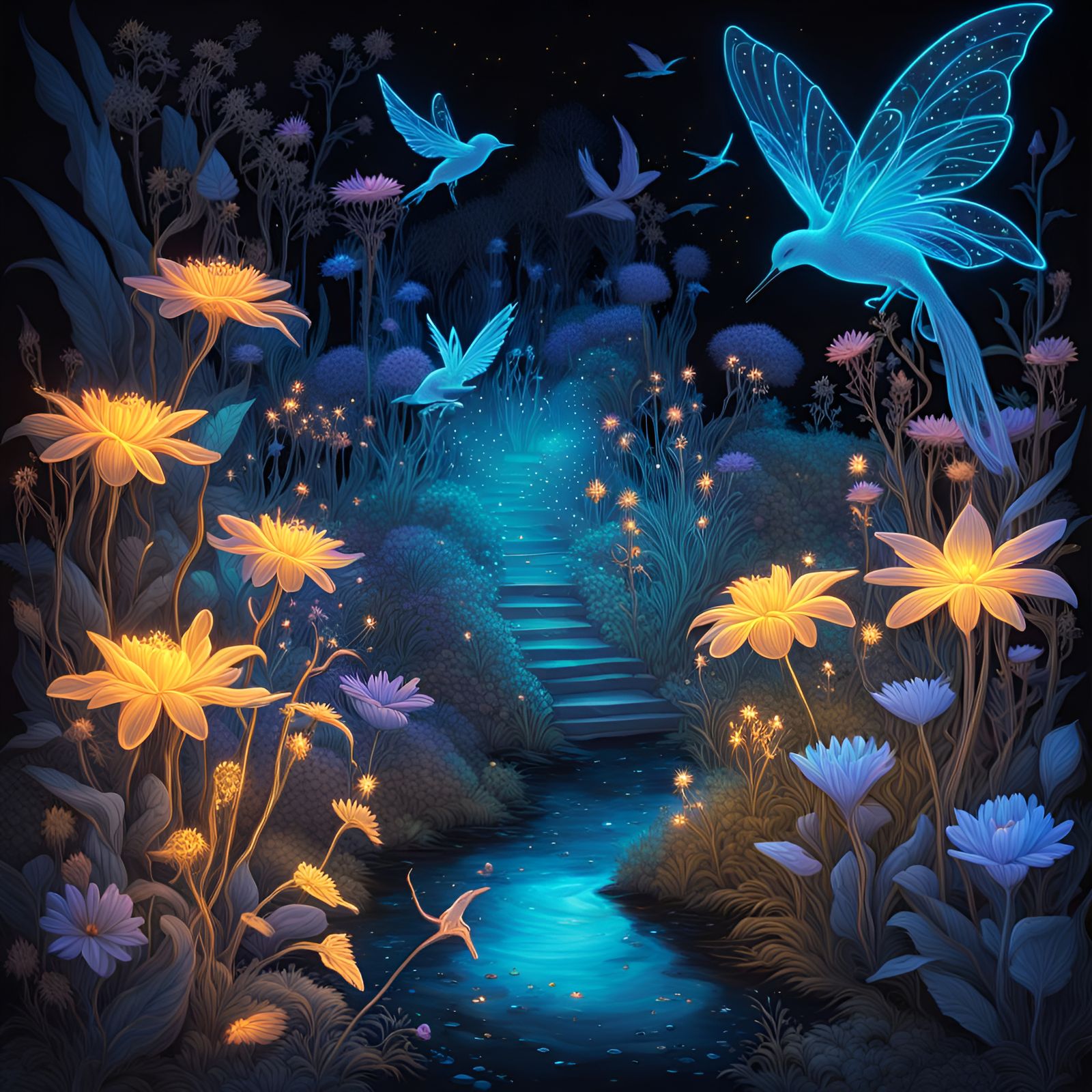 Enchanted garden with glowing magical and bioluminescent plants and glowing neon flowers