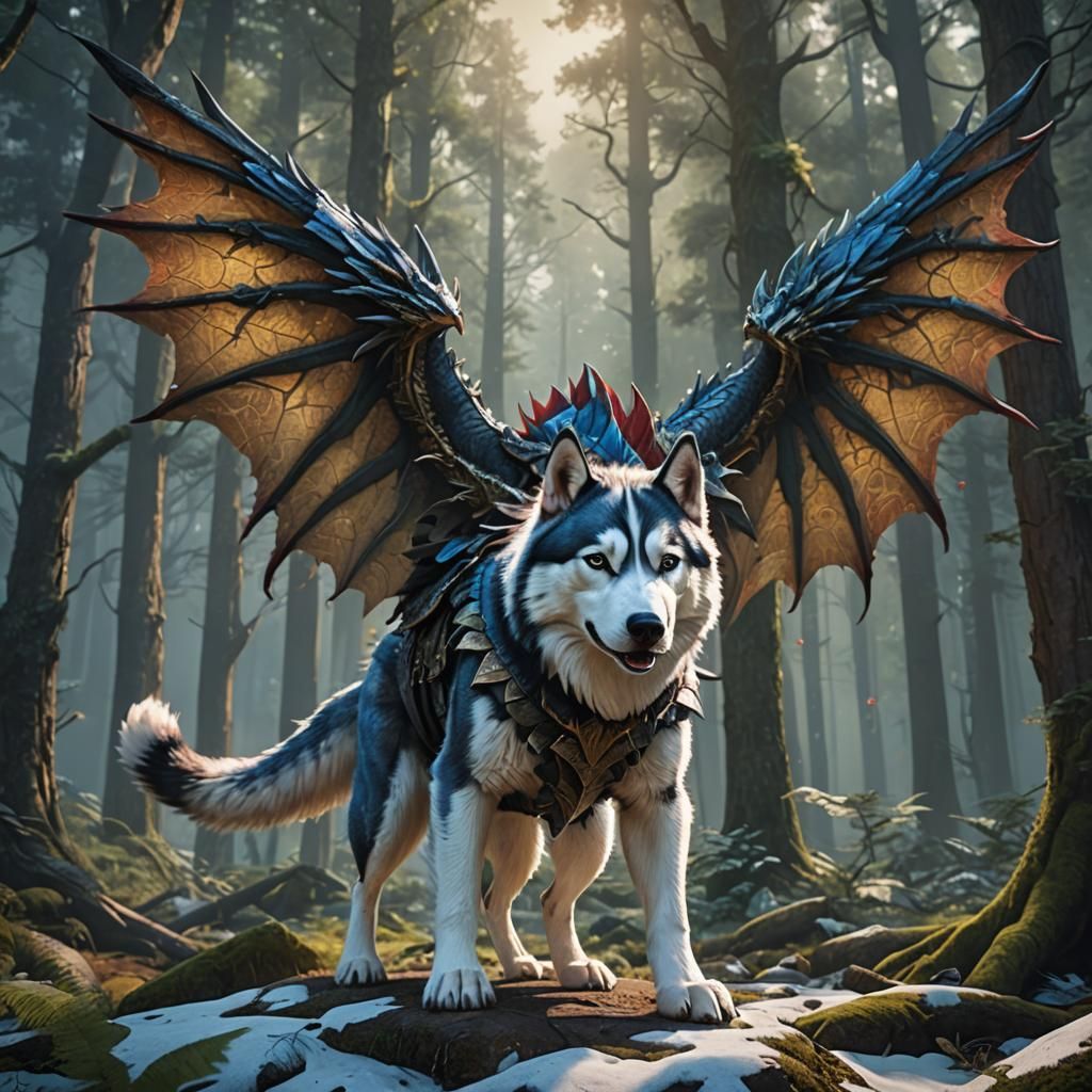 Dragon-Winged Husky in Enchanted Forest