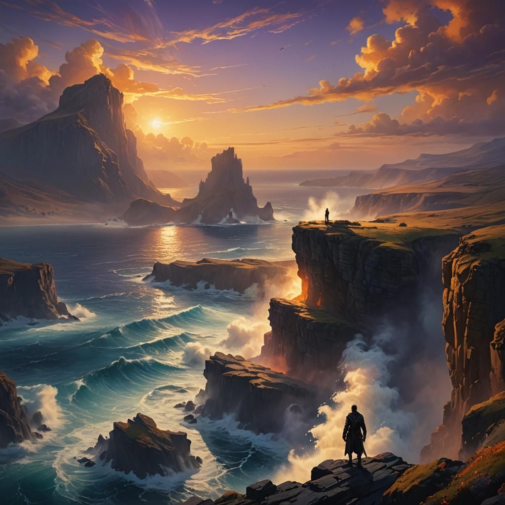 Cliffside Figure Overlooking Turbulent Sea: Fantasy Art