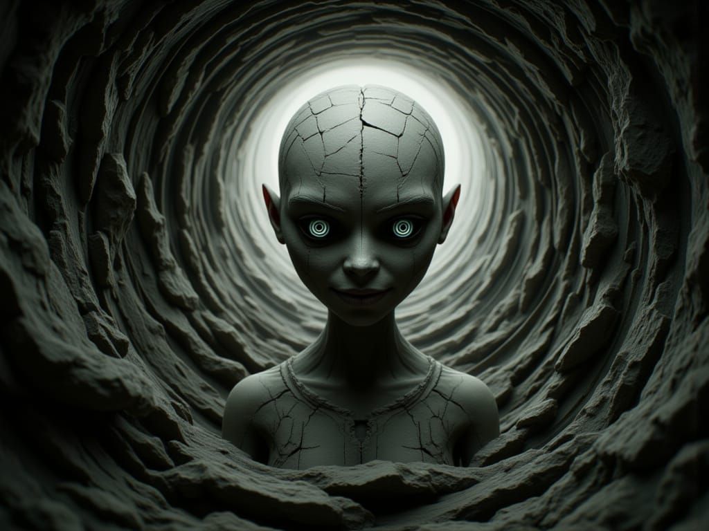 Cracked Porcelain Puppet Emerges From Ominous Wormhole