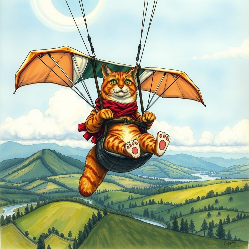 Cat Hang-Gliding: Watercolor Illustration