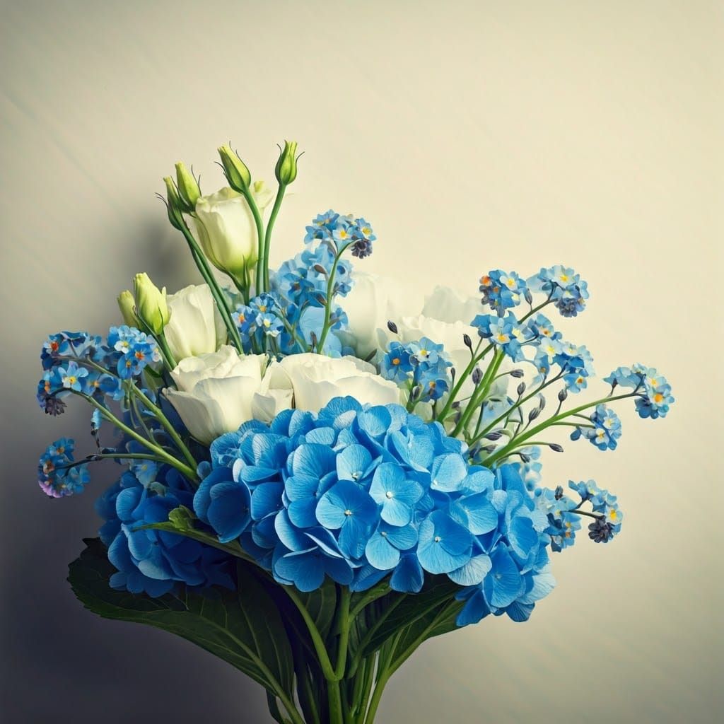 Blue and White Flower Bouquet in Hyperrealistic Style