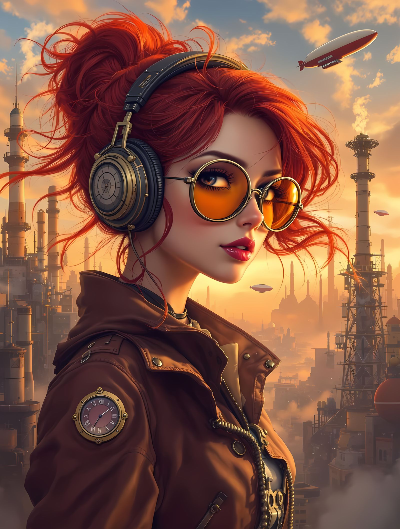 Steampunk Aviator Girl in Vibrant Industrial Cityscape