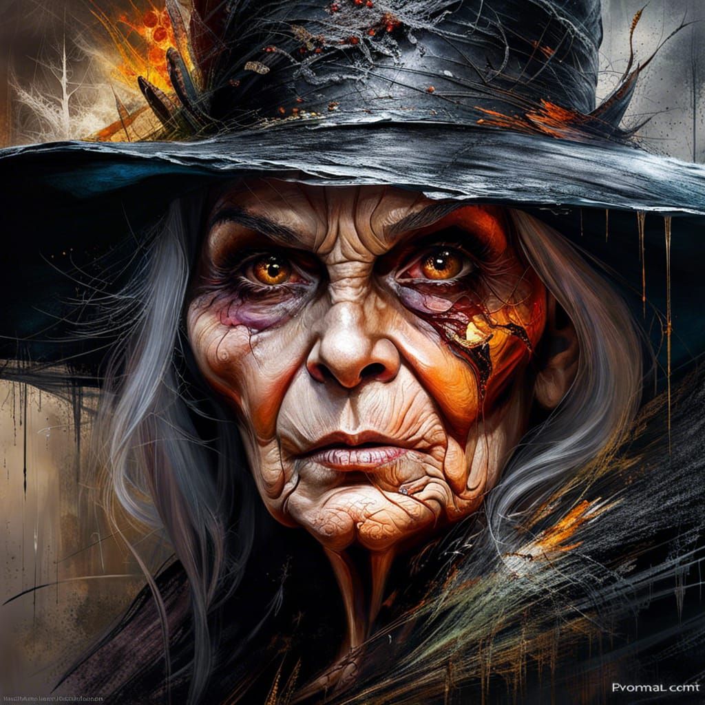 Sinister Old Witch Portrait in Hyperrealistic Oil Painting