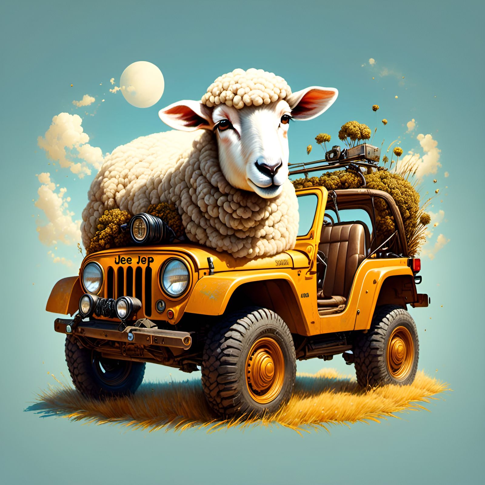Sheep Drives Jeep: Adorable Digital Portrait