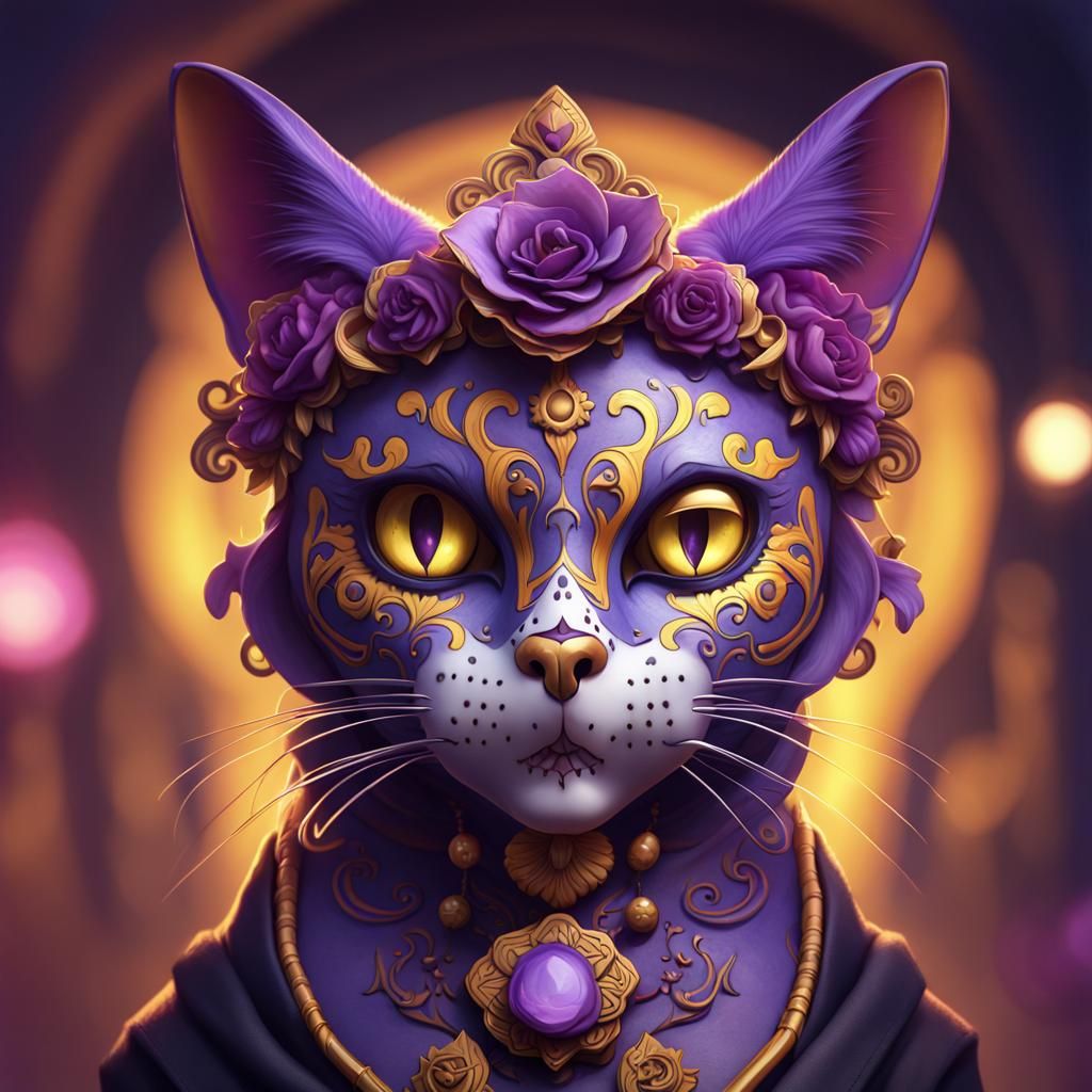 Detailed Sugar Skull Cat in Dark Fantasy Style