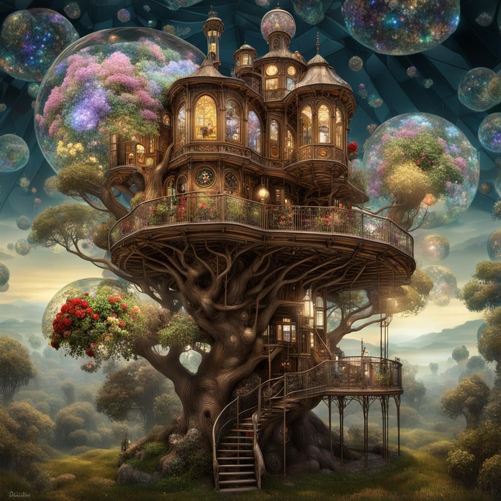 Steampunk Treehouse with Glass Flowers in Klimt Style