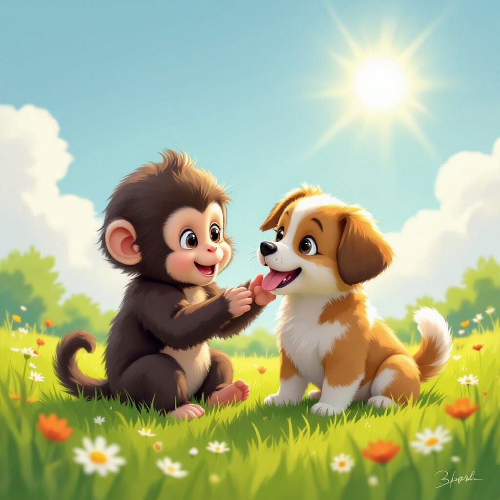 Baby Monkey and Dog Play in Sunny Meadow